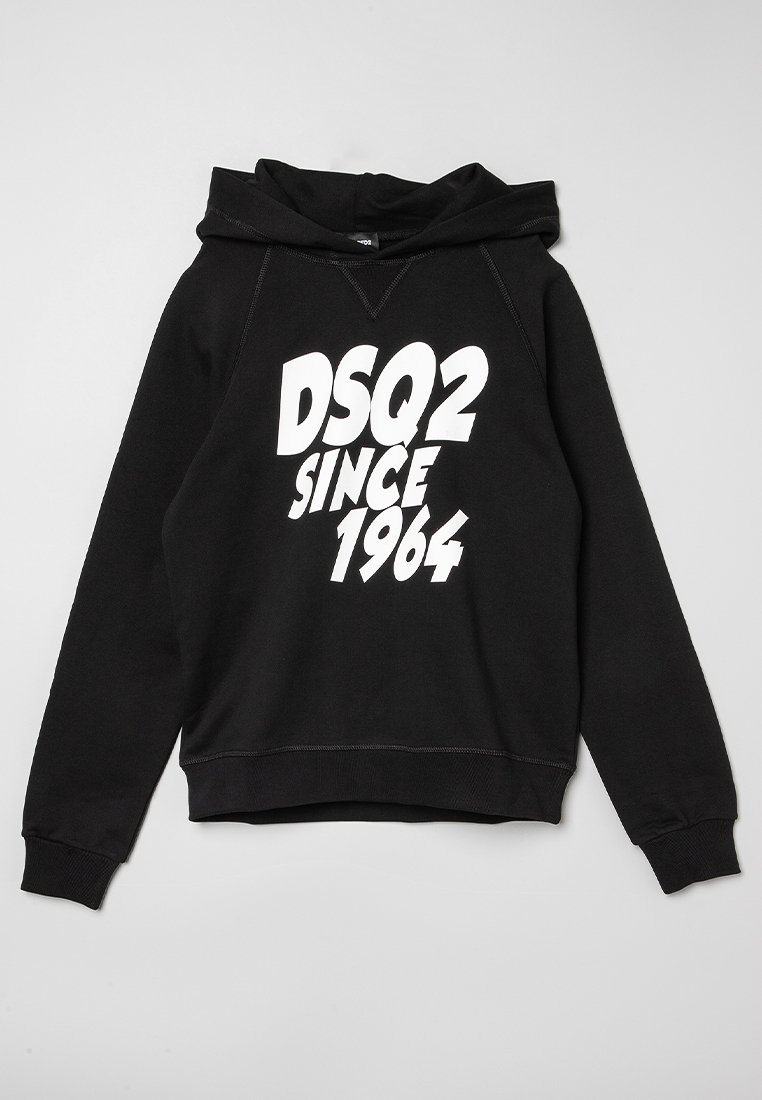 Schwarzer Kapuzenpullover aus Baumwollmischgewebe mit einer vorderen Kängurutasche. Ein markanter weißer Druck zeigt "DSQ2 SINCE 1964" auf der Brust.