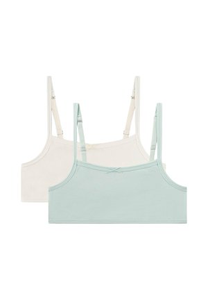 Due top corti per bambina con spalline regolabili, uno beige chiaro e uno azzurro pastello, posati su uno sfondo bianco.