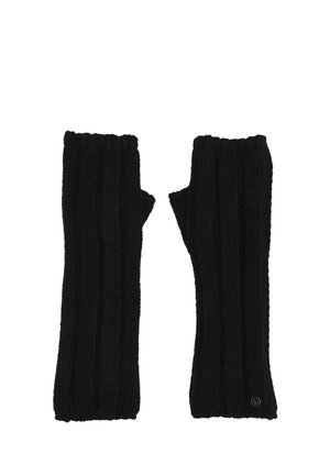 Paar lange schwarze gestrickte fingerlose Handschuhe mit gerippter Textur und kleinem rundem Metalllogo auf einem Handschuh.