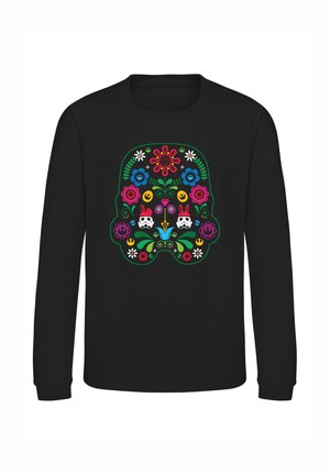 Sort sweatshirt med et farverigt blomsterkranium design med kaniner, inklusive røde, lyserøde, grønne og blå nuancer. Rund hals, lange ærmer.