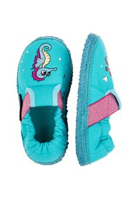 Turkusowe klapki z haftem konika morskiego i ośmiornicy, z elastycznymi wstawkami i teksturowanymi gumowymi podeszwami; różowe akcenty na paskach.