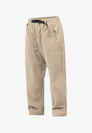 Beige Fleece-Hose mit elastischem Bund, verstellbarem Kordelzug und zwei Seitentaschen; sie verfügt über eine strukturierte Oberfläche und gestickte Akzente.