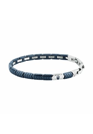 Bracciale segmentato blu e argento con maglie a chevron e chiusura con logo tridente.