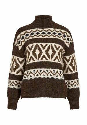Brauner Pullover mit hohem Kragen, versehen mit weißen und dunkelbraunen geometrischen Mustern. Hergestellt aus strukturiertem Wollstoff mit lockerem, übergroßem Schnitt.