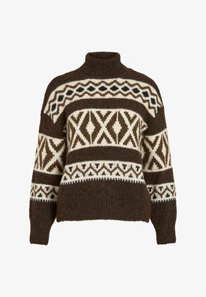 Maglione marrone con collo alto, caratterizzato da motivi geometrici bianchi e marrone scuro. Realizzato in lana strutturata con vestibilità ampia e comoda.