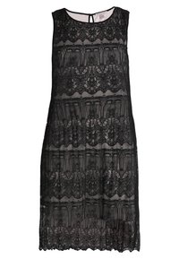 Robe en dentelle noire avec un design sans manches, des motifs complexes, un col rond et un détail en forme de trou de serrure au dos. Le tissu est semi-transparent.