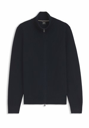 Pull tricoté bleu marine avec fermeture éclair intégrale, col, poignets et ourlet en maille côtelée, avec une petite étiquette "BOSS" à l'intérieur du col.