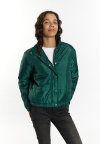 Giacca puffer verde con chiusura a zip e bottoni a pressione, vita elasticizzata e colletto alto. Tessuto liscio e lucido con dettagli cuciti.
