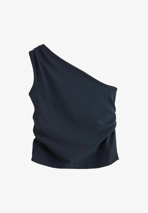 Een one-shoulder top van donker navy stof. Heeft een losse fit met een geraffineerde textuur aan de zijkant en een gladde afwerking.