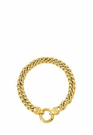 Pulsera de cadena de oro con eslabones entrelazados de acabado suave, un cierre circular y sutiles acentos texturizados cerca del cierre.