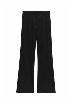 Zwarte flared broek gemaakt van een gladde stof. Heeft een tailleband, twee achterzakken en losse pijpen met een nette afwerking.