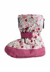 Rozā un krēma ziedu raksta zābaki ar mīkstu augšdaļu un cietu rozā gumijas zoli. Iekļauta velcro siksna stiprinājumam.