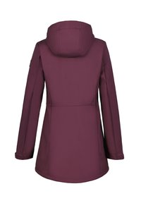Giacca impermeabile bordeaux con cappuccio, maniche lunghe e vita strizzata, caratterizzata da un tessuto liscio e dettagli di cucitura sulle cuciture.