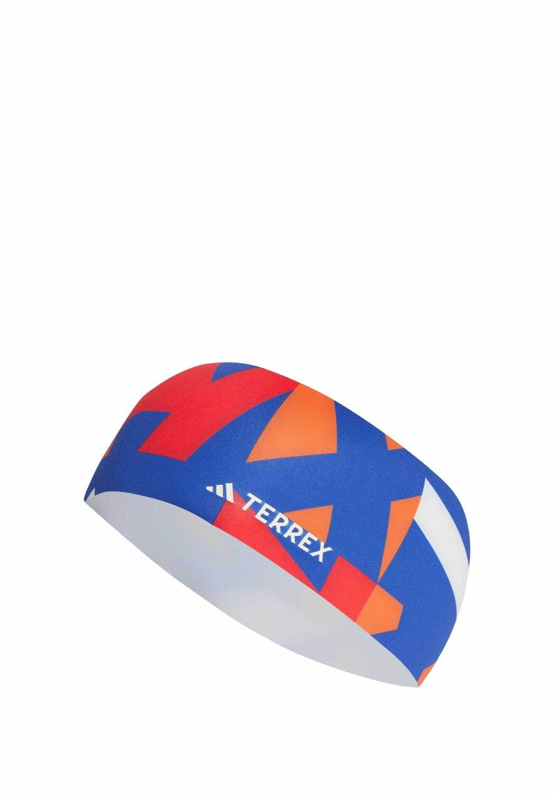 Terrex headband in blue with red and orange geometric patterns, made from elastic material, features a smooth texture and logo detail.