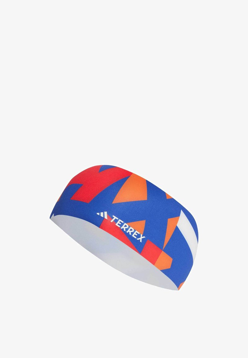 Terrex headband in blue with red and orange geometric patterns, made from elastic material, features a smooth texture and logo detail.