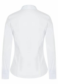 Witte langermige blouse, strakke pasvorm met een gerimpelde kraag, zachte textuur en gathered manchetten. Achteraanzicht weergegeven zonder patronen of versieringen.