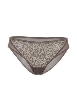 Bikini marrone in pizzo con lati trasparenti e motivo leopardato. Vita elastica con dettagli di cucitura, progettato per comfort e vestibilità.