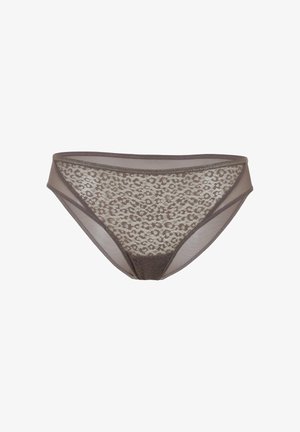 Bikini marrone in pizzo con lati trasparenti e motivo leopardato. Vita elastica con dettagli di cucitura, progettato per comfort e vestibilità.