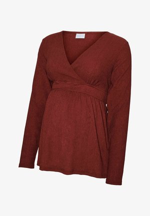 Ilgi piedurkņu, apvēršanas stila grūtniecības tops, izgatavots no teksturēta rūsgana auduma. Tam ir pieguļošs viduklis un mīksta, plūstoša siluets.