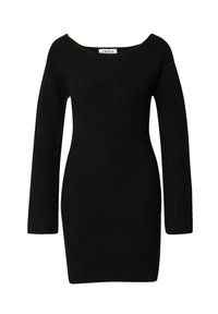 Schwarzes, geripptes Strickkleid mit langen Ärmeln, schulterfreier Ausschnitt, figurbetontem Schnitt und strukturiertem Stoff. Keine sichtbaren Muster oder Akzente.