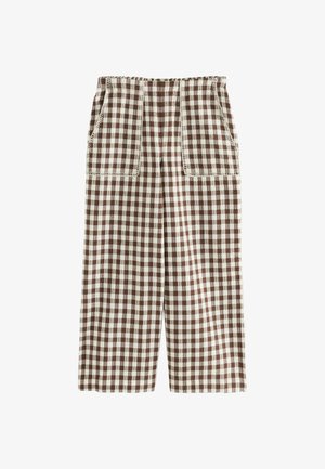 Braun-weiß kariere Hose mit hoher Taille, weitem Bein und großen aufgesetzten vorderen Taschen.