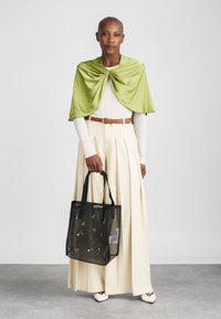 Zelen šal prek bel top, kombiniran z visokim pasom, plisirano kremasto krilo. Črna mrežasta torba z cvetličnim vezenjem. Bele čevlje.