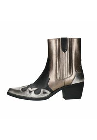 Metallic silver and black cowboy-style ankle boot with pointed toe, textured panels, and decorative cut-out designs. Block heel.