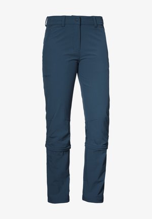 Navy waterproof pants with adjustable cuffs, multiple pockets, and a lightweight fabric. Features a smooth texture and a slim fit design.