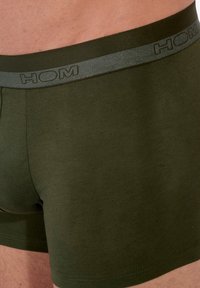 Bokserki w kolorze oliwkowej zieleni, wykonane z miękkiej bawełny, z szarym pasem w talii z wytłoczonym logo "HOM" oraz gładką fakturą.