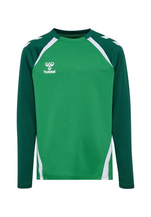 Grünes langärmliges Sporttrikot mit weißen Akzenten an Schultern und Seiten, mit dem weißen hummel-Logo auf der oberen linken Brust.