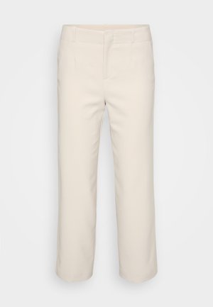 Beige, tailored trousers with a straight leg design, a flat front, and two side pockets. Made from a smooth fabric with a clean finish.