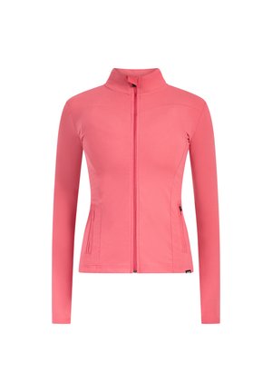 Roze jas met ritssluiting en lange mouwen, gemaakt van rekbaar materiaal. Voorzien van twee zijzakken en een hoge kraag. Gladde textuur, getailleerd ontwerp.