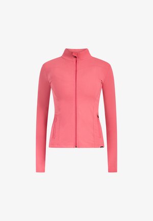 Roze jas met ritssluiting en lange mouwen, gemaakt van rekbaar materiaal. Voorzien van twee zijzakken en een hoge kraag. Gladde textuur, getailleerd ontwerp.