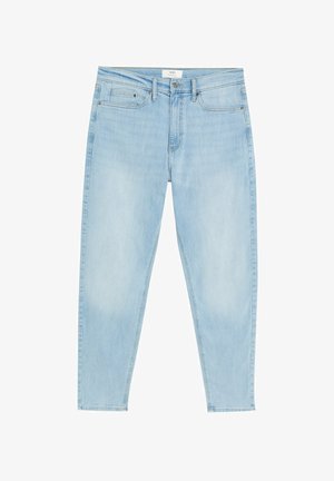 Jasnoniebieskie tapered, dopasowane dżinsy z pięcioma kieszeniami, szlufkami na pasek, guzikiem z przodu oraz zapięciem na suwak.