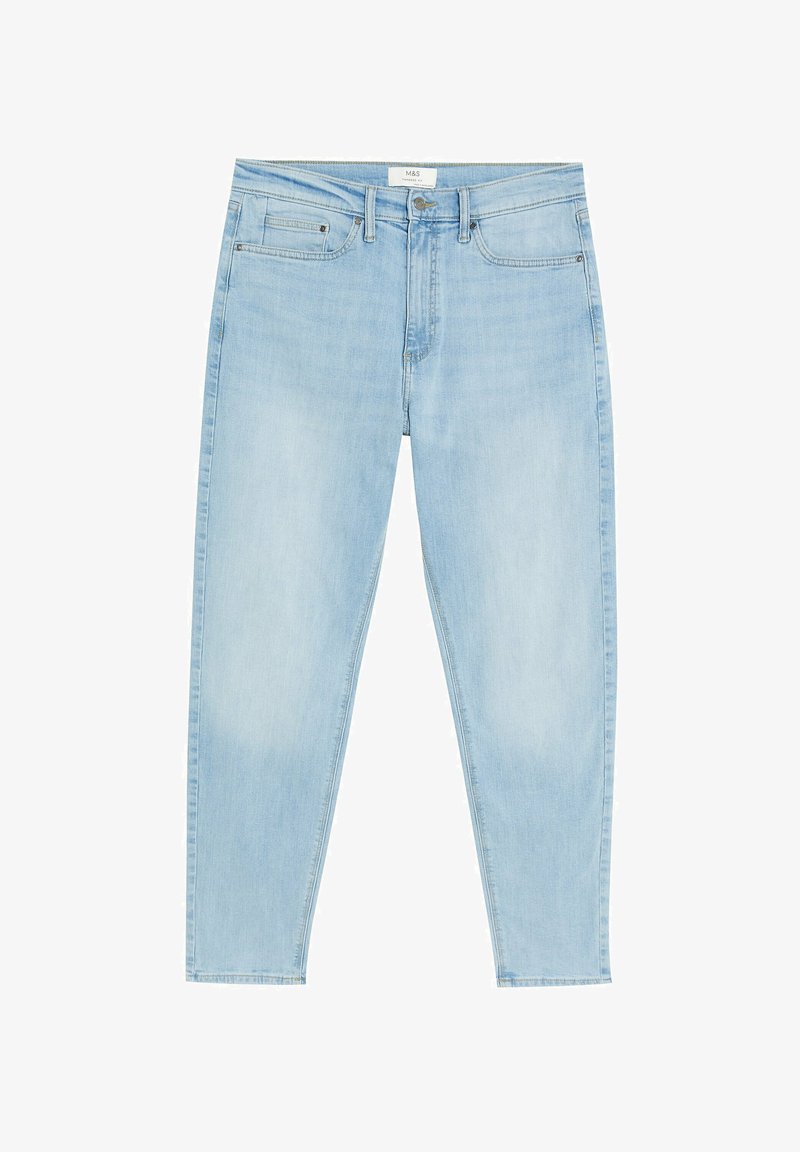 Lichtblauwe tapered slim-fit jeans met vijf zakken, ri loopjes, een knoop aan de voorkant en ritssluiting.