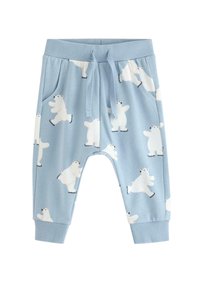 Lyseblå bomulds sweatpants med et all-over mønster af isbjørne, med elastisk talje, snor og ribbede sømme.