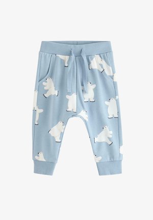 Lyseblå bomulds sweatpants med et all-over mønster af isbjørne, med elastisk talje, snor og ribbede sømme.