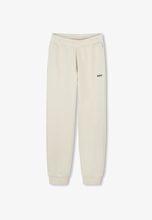 Lichtbeige sweatpants met een elastische tailleband, zijzakken, cuffed hems en een zwart "BOSS" logo op de linker dij. Zachte stofstructuur.