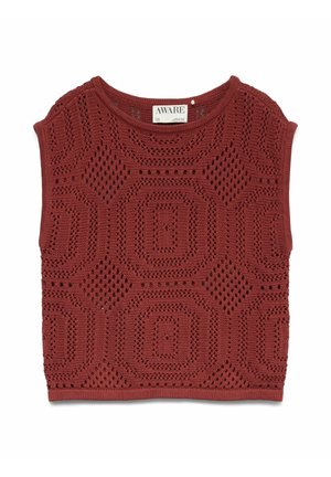 Ärmelloses Stricktop in Dunkelrot mit geometrischem Lochmuster und rundem Ausschnitt, mit dem Label „AWARE“ Größe S/M.