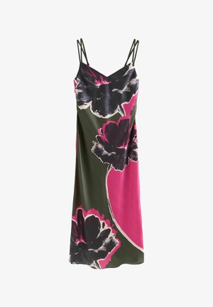 Bezrūpju kleita tumši zaļā krāsā ar lielu rozā un melnu ziedu rakstu. Iespējamas plānas regulējamas siksnas un gluda, spīdīga auduma tekstūra.