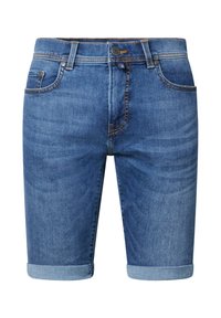 Denim-Shorts in Mittelblau mit klassischem Schnitt, auffällig gerollten Saum und fünf Taschen sowie sichtbaren Nähten.