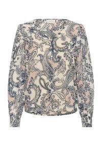 Blouse à manches longues en tissu léger, présentant un motif cachemire bleu sur fond crème, avec des détails à boutons et des poignets froncés.