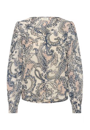 Garām piedurknēm blūze no viegla auduma, ar zilu paisley rakstu uz krēmkrāsas fona, pogu detaļām un savilktiem aprocēm.