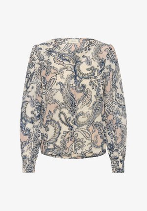 Pikkade varrukatega pluus kerge kangaga, millel on kreemilisel taustal sinine paisleymuster, nööpidega detailid ja kogutud mansetid.