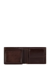 Bruine leren portemonnee met een bifold ontwerp, voorzien van kaarthouders, een gestructureerde binnenkant en zichtbare stiksels langs de randen.