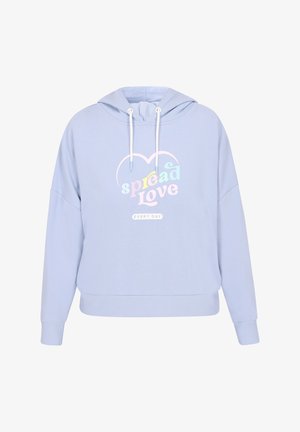 Sudadera con capucha de color azul claro y corte holgado, que presenta un gráfico multicolor de "difunde amor" y cordones en el escote.