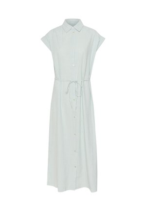 Gaiši zils svītrainais kleitas dizains ar apkakles izgriezumu, īsām piedurknēm, pogu aizdari priekšā un jostu viduklī, kas ļauj pielāgot izmēru.