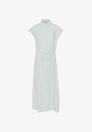 Gaiši zils svītrainais kleitas dizains ar apkakles izgriezumu, īsām piedurknēm, pogu aizdari priekšā un jostu viduklī, kas ļauj pielāgot izmēru.