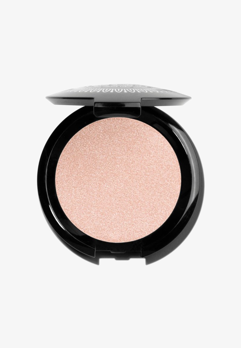 Round compact blush with a shiny black case, containing a shimmery light pink powder. The texture is smooth with a fine shimmer finish.