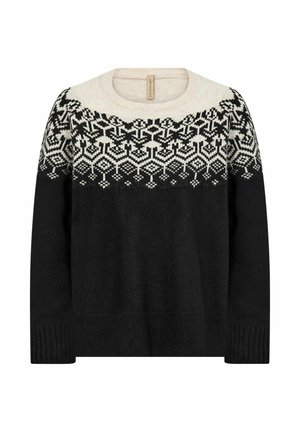 Schwarzer Strickpullover mit einem weißen gemusterten Halsabschluss. Rundhalsausschnitt, lange Ärmel, gerippte Bündchen und Saum. Weiche Textur, lässiges Design.